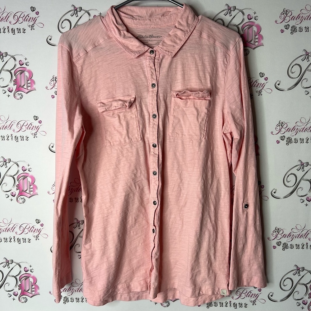 Eddie Bauer button up long sleeve top stretchy light Pink Outdoor Shirt peach